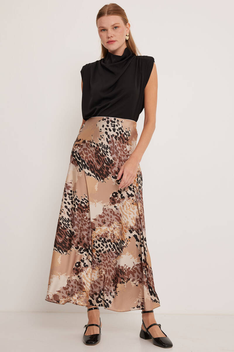 Kadın Sütlü Kahve Desenli Saten Etek 15877 - BİGDART