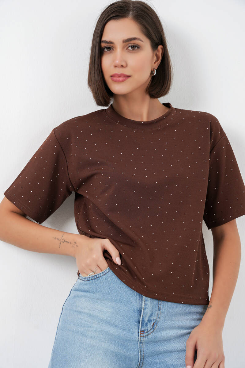 Kadın Taş Detaylı Tişört 990 - Kahverengi - BİGDART