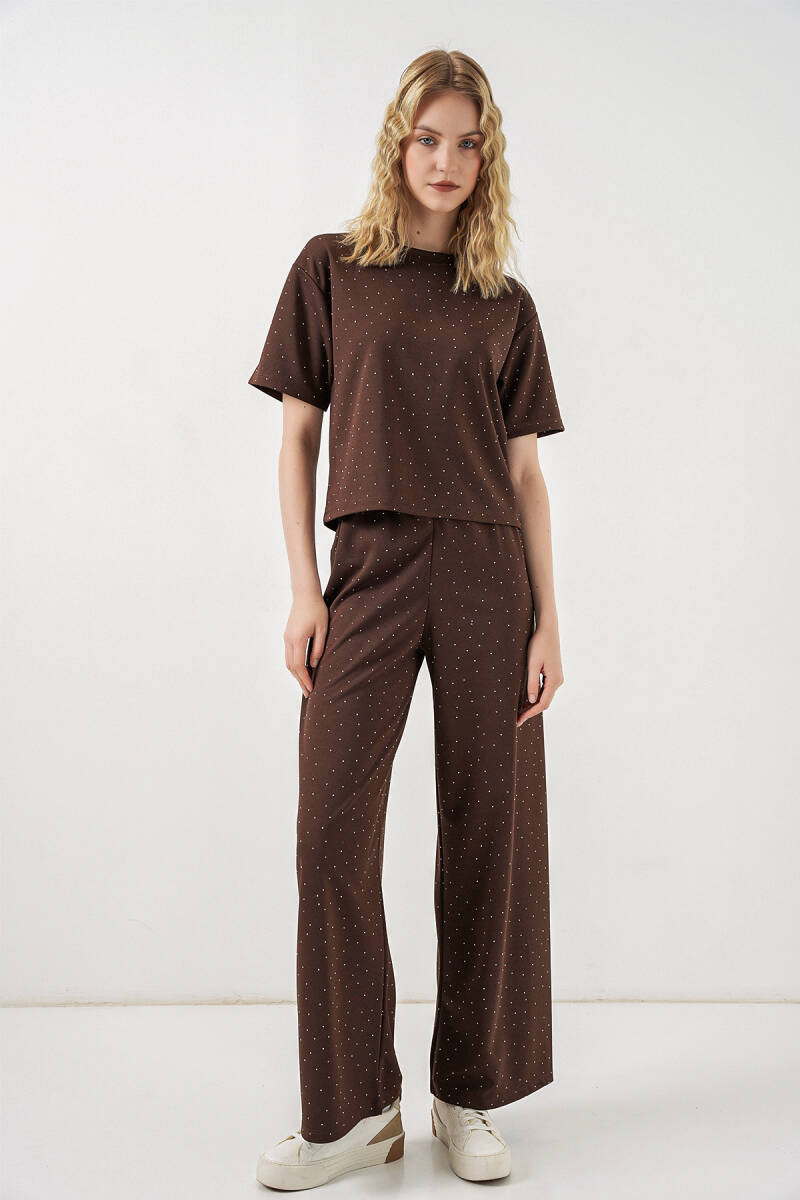 Kadın Taşlı Tişört Pantolon İkili Takım 30105 - Kahverengi - BİGDART