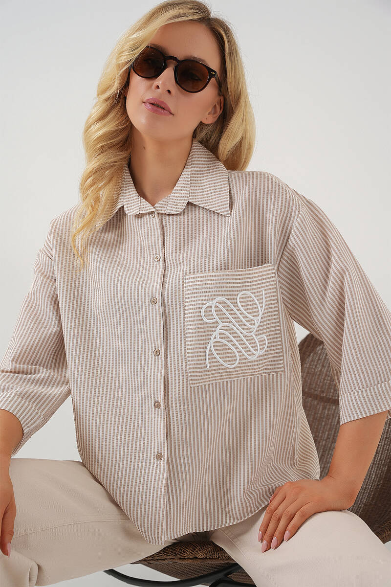 Kadın Tek Cep Nakışlı Gömlek 20328 - Bej - BİGDART