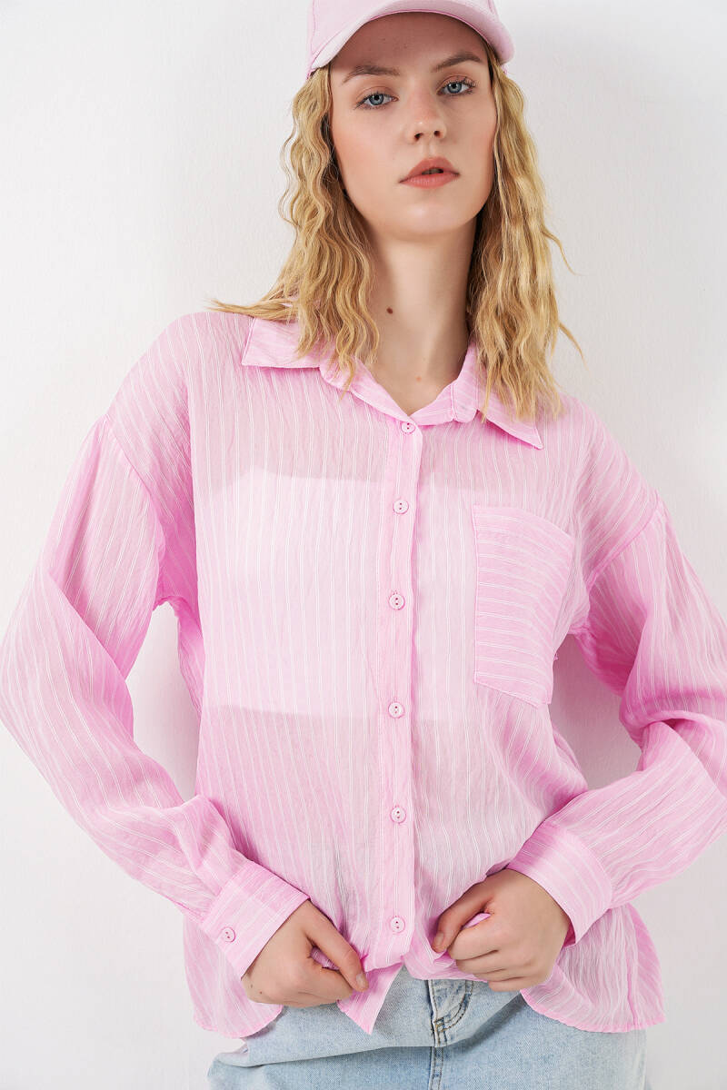 Kadın Tek Cepli Çizgili Oversize Gömlek 20375 - Pembe - BİGDART