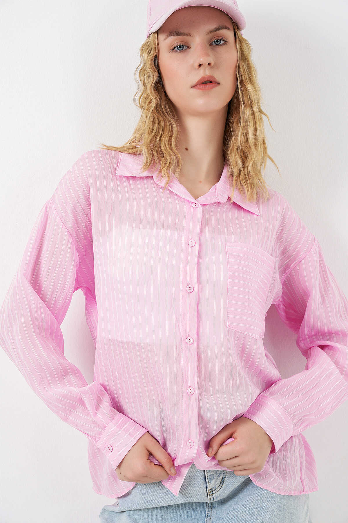 Kadın Tek Cepli Çizgili Oversize Gömlek 20375 - Pembe - 1