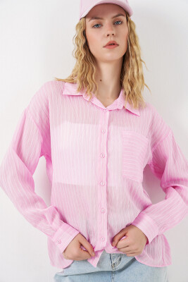 Kadın Tek Cepli Çizgili Oversize Gömlek 20375 - Pembe - 1