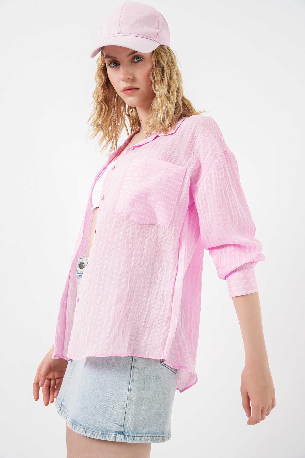 Kadın Tek Cepli Çizgili Oversize Gömlek 20375 - Pembe - 3