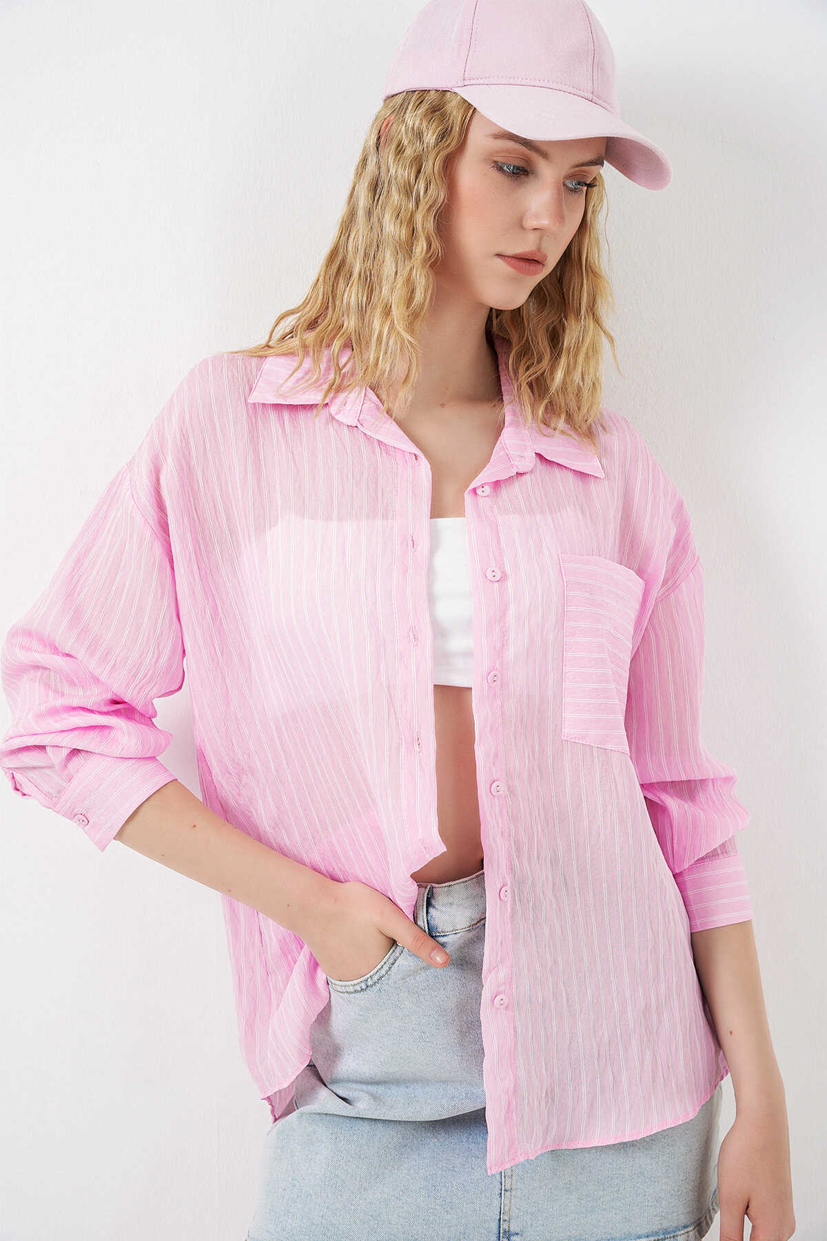 Kadın Tek Cepli Çizgili Oversize Gömlek 20375 - Pembe - 4