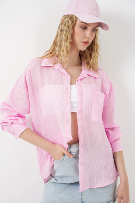 Kadın Tek Cepli Çizgili Oversize Gömlek 20375 - Pembe - 4