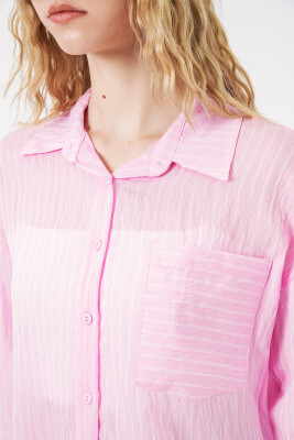 Kadın Tek Cepli Çizgili Oversize Gömlek 20375 - Pembe - 5