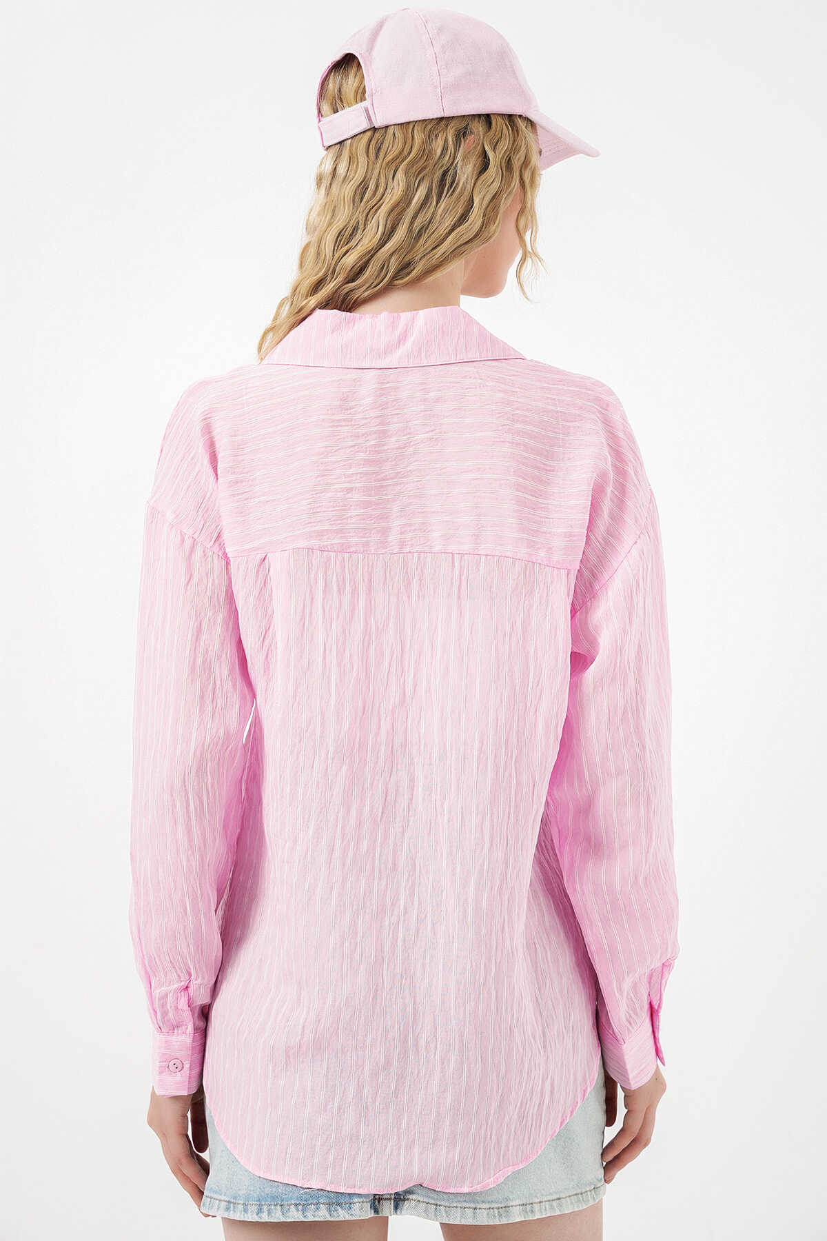 Kadın Tek Cepli Çizgili Oversize Gömlek 20375 - Pembe - 6
