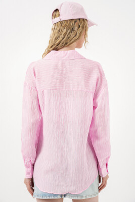 Kadın Tek Cepli Çizgili Oversize Gömlek 20375 - Pembe - 6