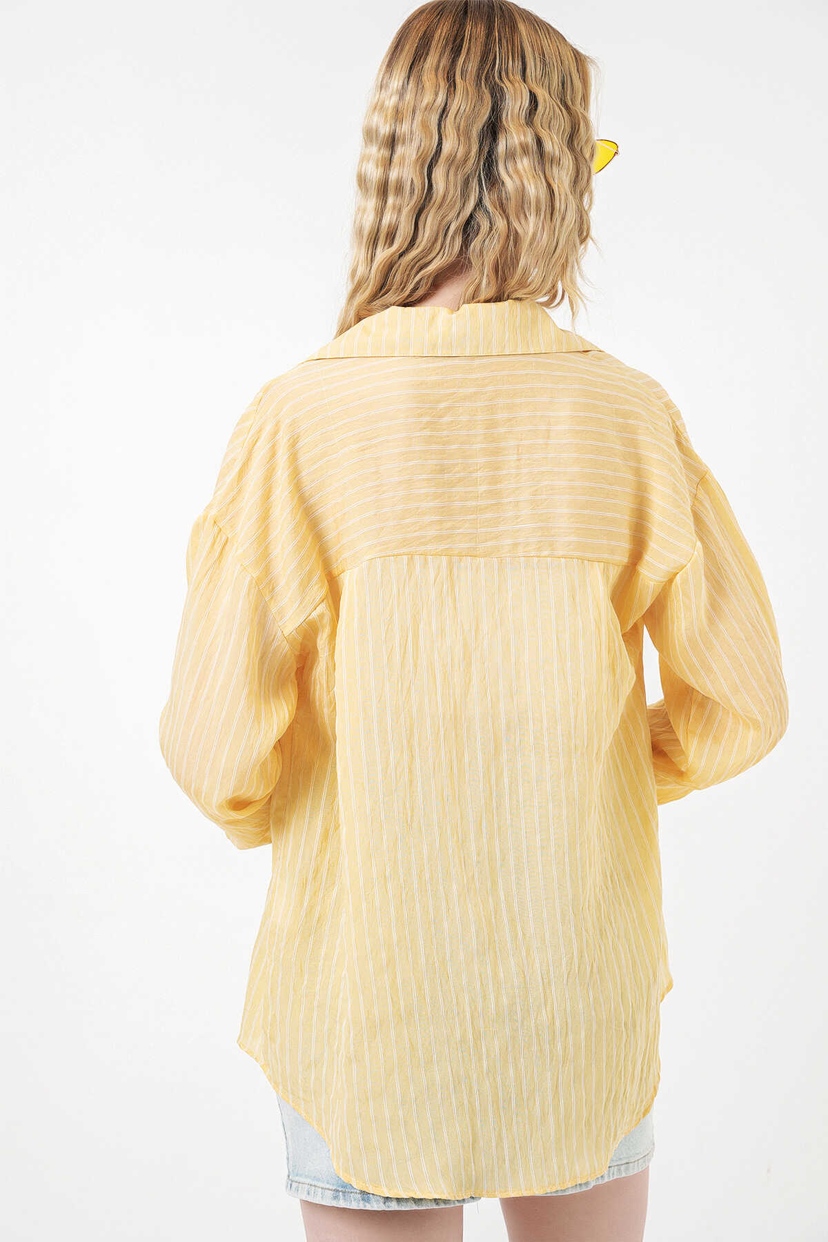 Kadın Tek Cepli Çizgili Oversize Gömlek 20375 - Sarı - 6