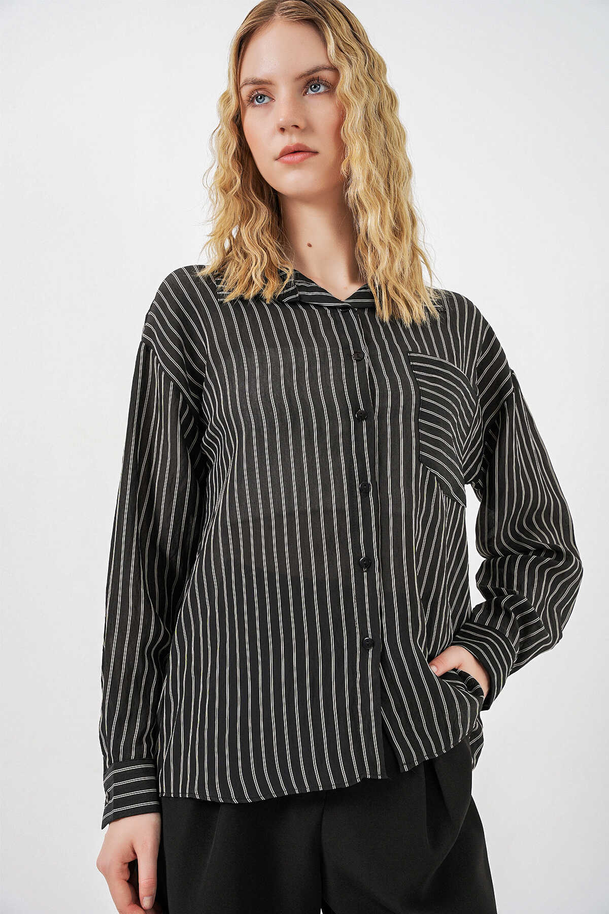 Kadın Tek Cepli Çizgili Oversize Gömlek 20375 - Siyah - 3
