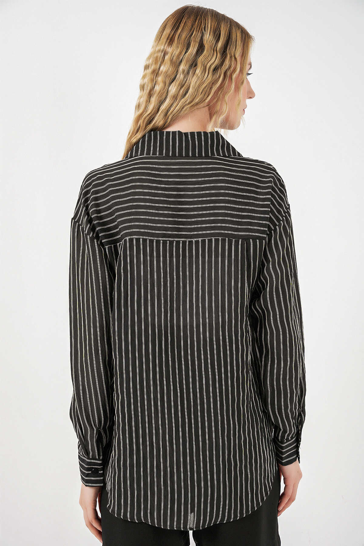 Kadın Tek Cepli Çizgili Oversize Gömlek 20375 - Siyah - 5