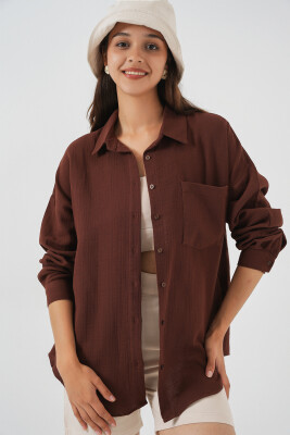 Kadın Tek Cepli Oversize Müslin Gömlek 20353 - Kahverengi 
