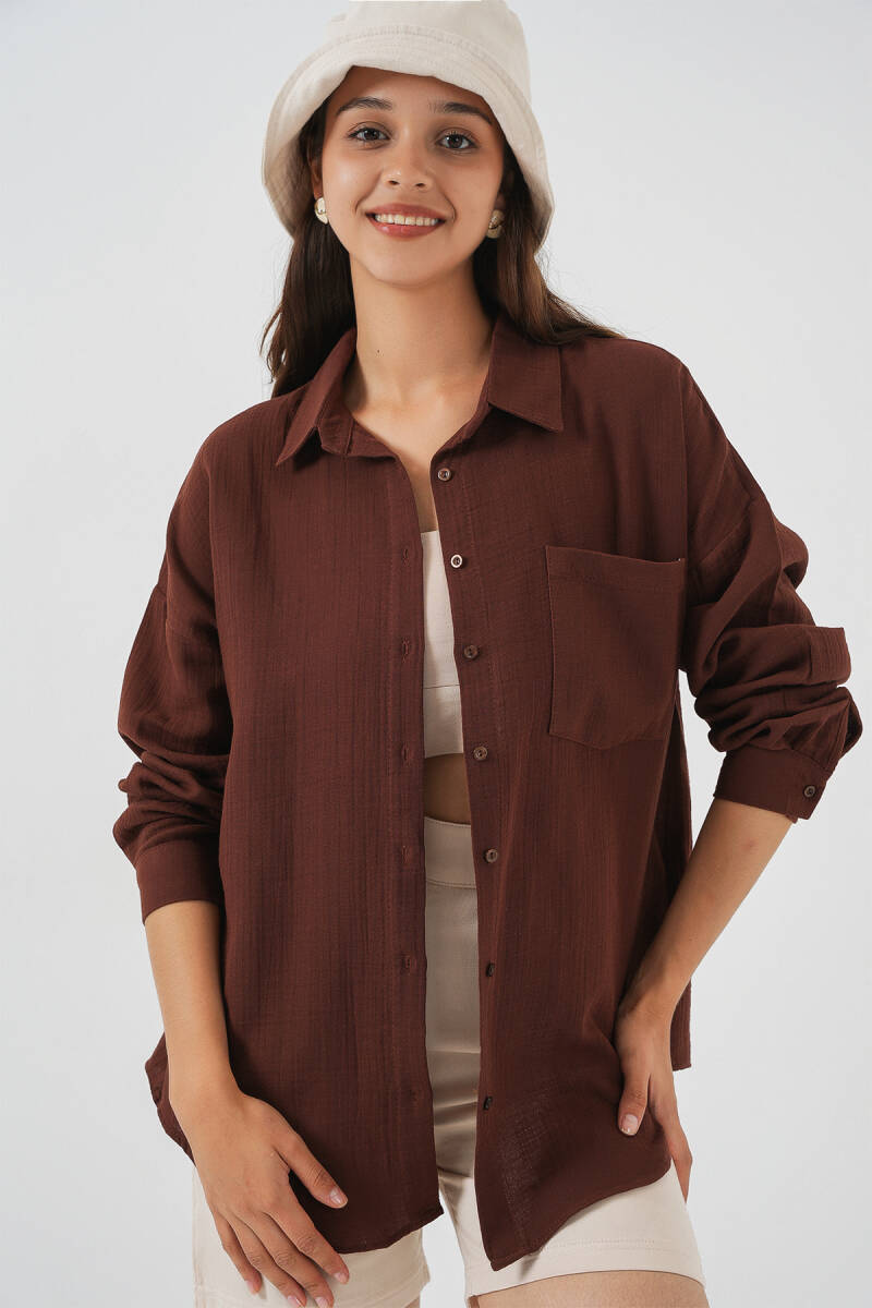 Kadın Tek Cepli Oversize Müslin Gömlek 20353 - Kahverengi - BİGDART