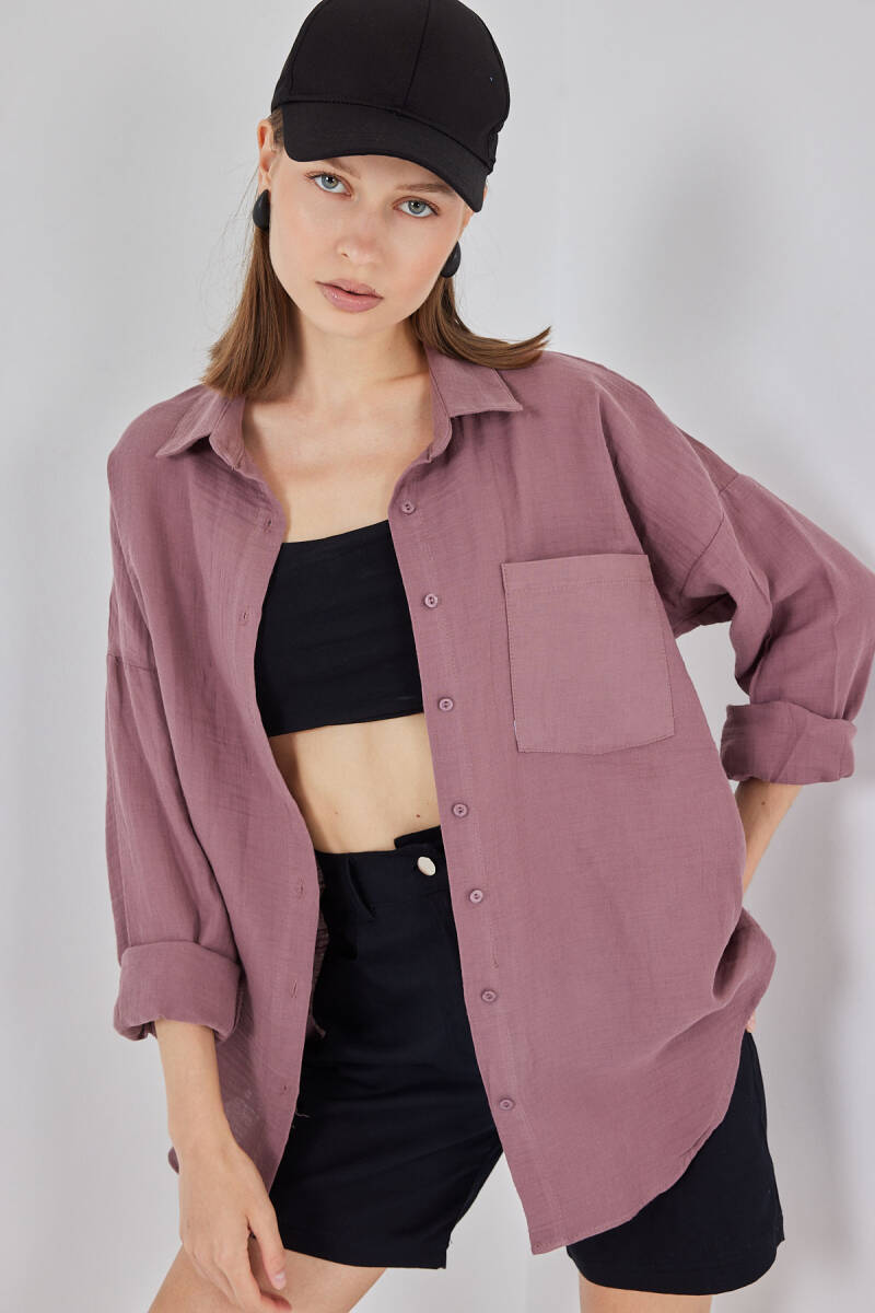 Kadın Tek Cepli Oversize Müslin Gömlek 20353 - Koyu Lila - BİGDART