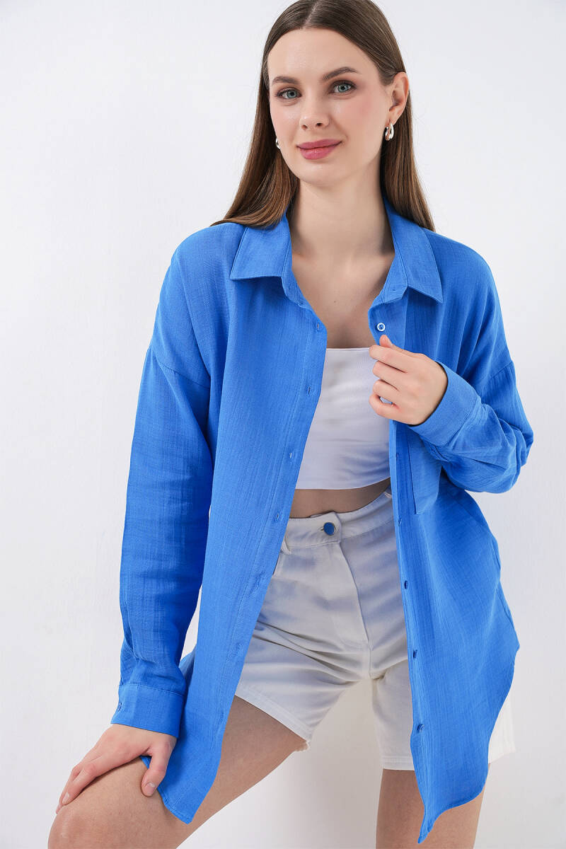Kadın Tek Cepli Oversize Müslin Gömlek 20353 - Mavi - BİGDART