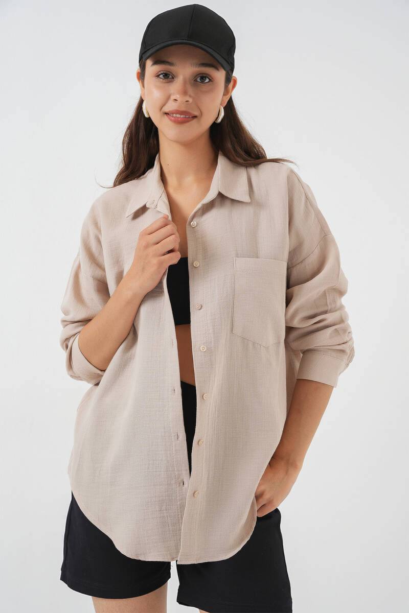 Kadın Tek Cepli Oversize Müslin Gömlek 20353 - Taş - BİGDART