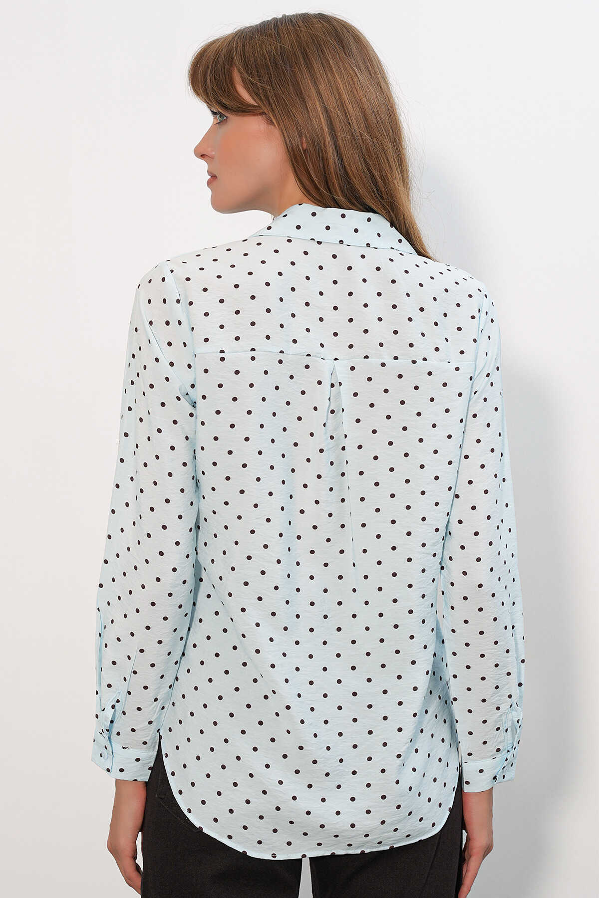 Kadın Tek Cepli Puantiyeli Oversize Gömlek 20399 - Mavi - 6