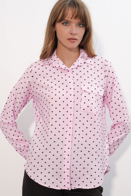 Kadın Tek Cepli Puantiyeli Oversize Gömlek 20399 - Pembe - 2