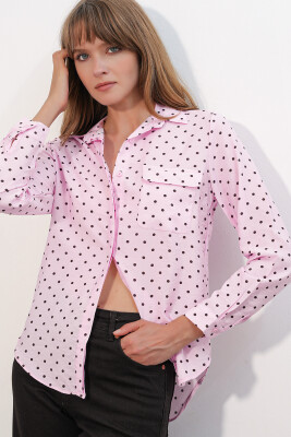 Kadın Tek Cepli Puantiyeli Oversize Gömlek 20399 - Pembe - 3
