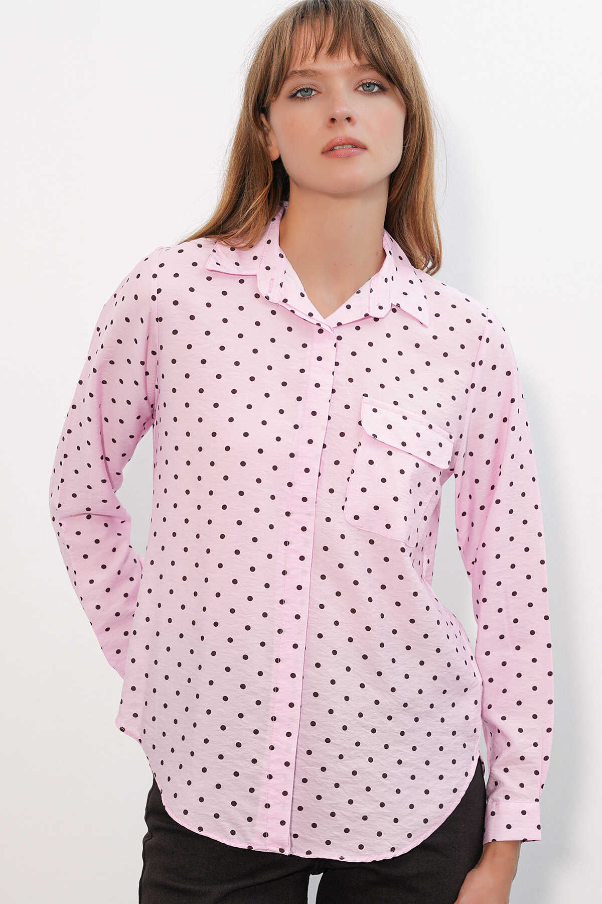 Kadın Tek Cepli Puantiyeli Oversize Gömlek 20399 - Pembe - 4