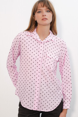 Kadın Tek Cepli Puantiyeli Oversize Gömlek 20399 - Pembe - 4
