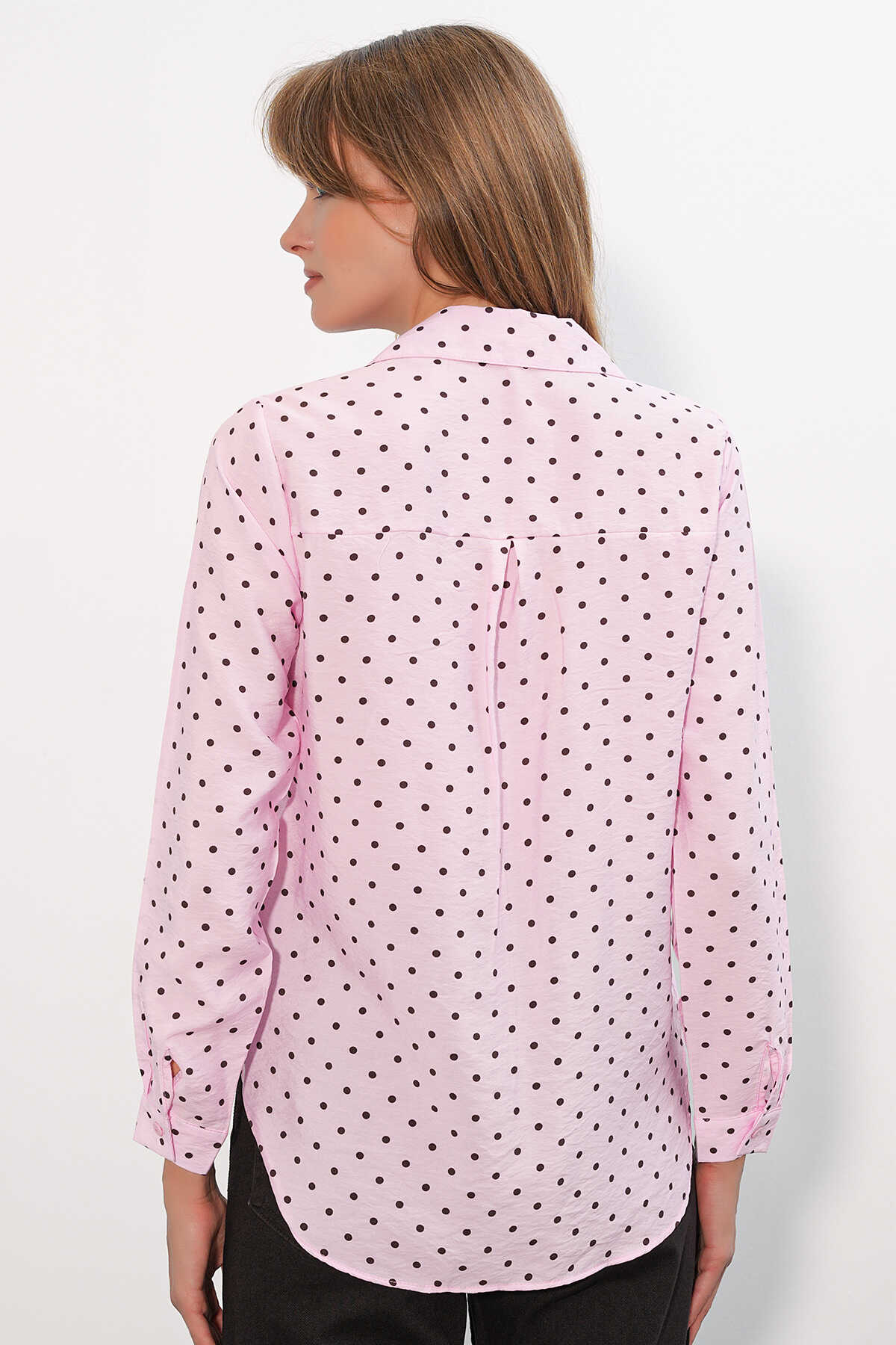 Kadın Tek Cepli Puantiyeli Oversize Gömlek 20399 - Pembe - 6