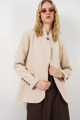 Kadın Tek Düğmeli Oversize Blazer Ceket 0749 - Bej - 1