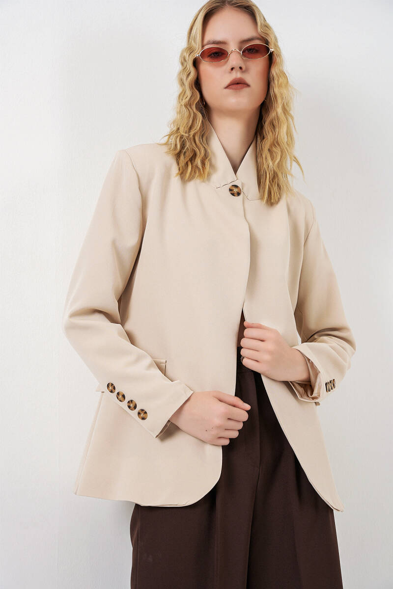 Kadın Tek Düğmeli Oversize Blazer Ceket 0749 - Bej - BİGDART