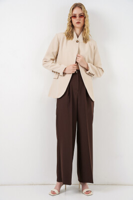 Kadın Tek Düğmeli Oversize Blazer Ceket 0749 - Bej - 2