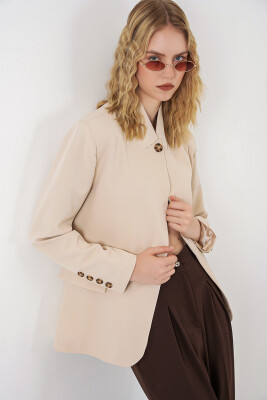 Kadın Tek Düğmeli Oversize Blazer Ceket 0749 - Bej - 3