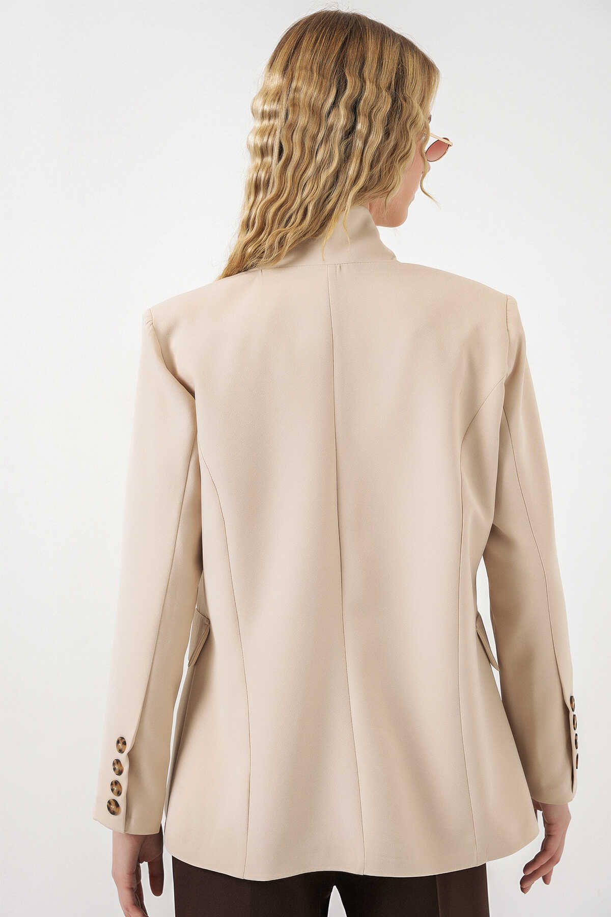 Kadın Tek Düğmeli Oversize Blazer Ceket 0749 - Bej - 5