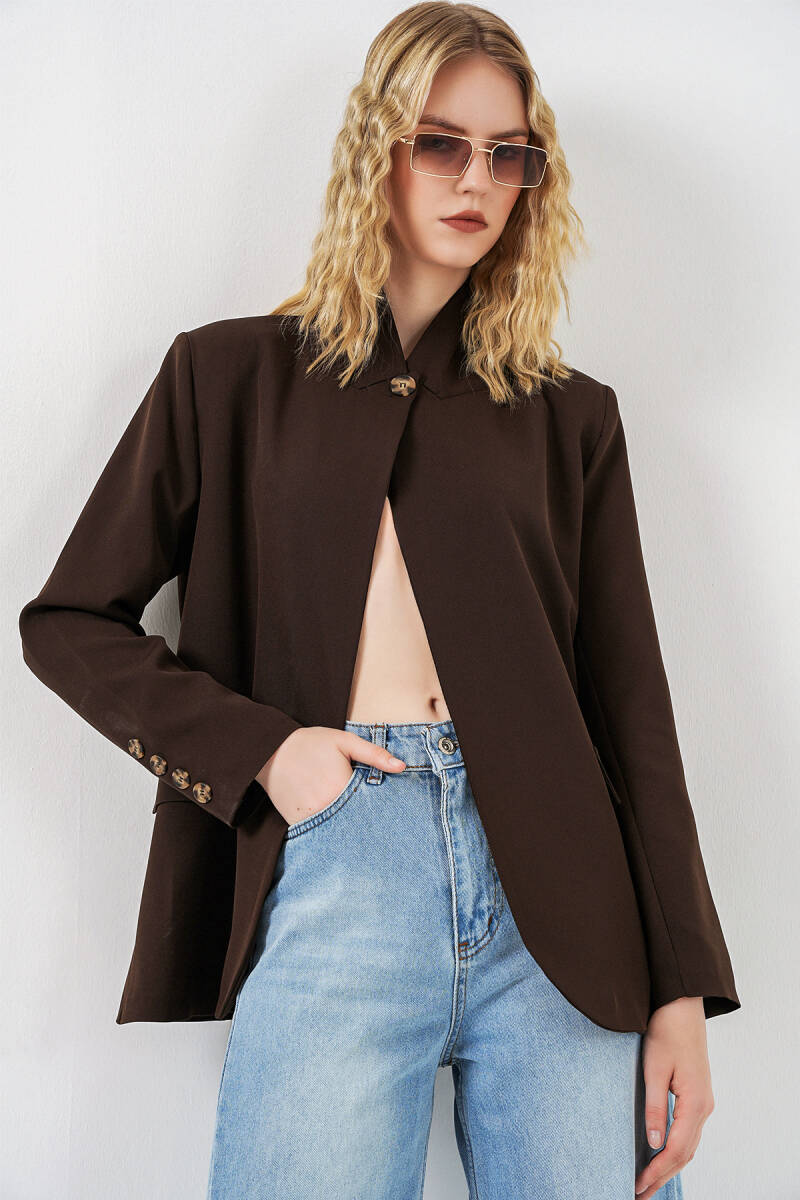 Kadın Tek Düğmeli Oversize Blazer Ceket 0749 - Kahverengi - BİGDART
