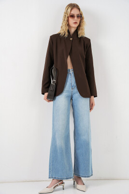 Kadın Tek Düğmeli Oversize Blazer Ceket 0749 - Kahverengi - 2