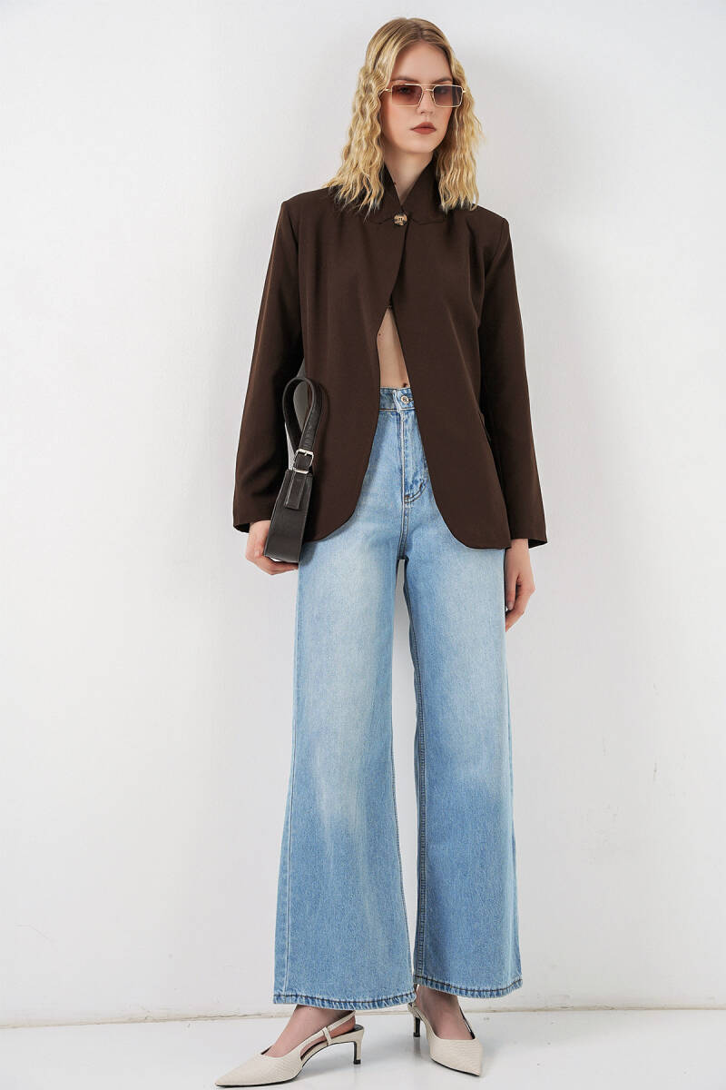 Kadın Tek Düğmeli Oversize Blazer Ceket 0749 - Kahverengi (1)