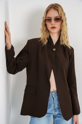 Kadın Tek Düğmeli Oversize Blazer Ceket 0749 - Kahverengi - 3