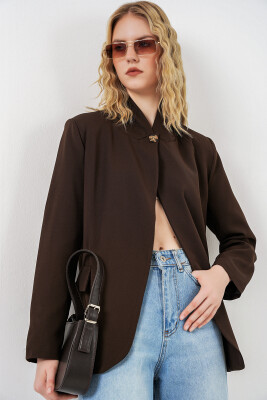 Kadın Tek Düğmeli Oversize Blazer Ceket 0749 - Kahverengi - 4