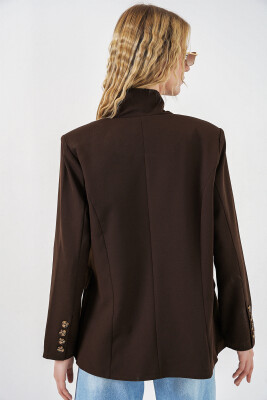 Kadın Tek Düğmeli Oversize Blazer Ceket 0749 - Kahverengi - 6