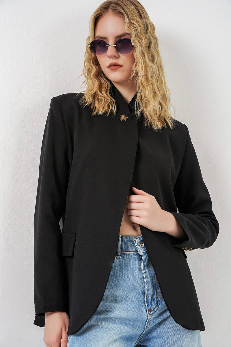 Kadın Tek Düğmeli Oversize Blazer Ceket 0749 - Siyah - BİGDART