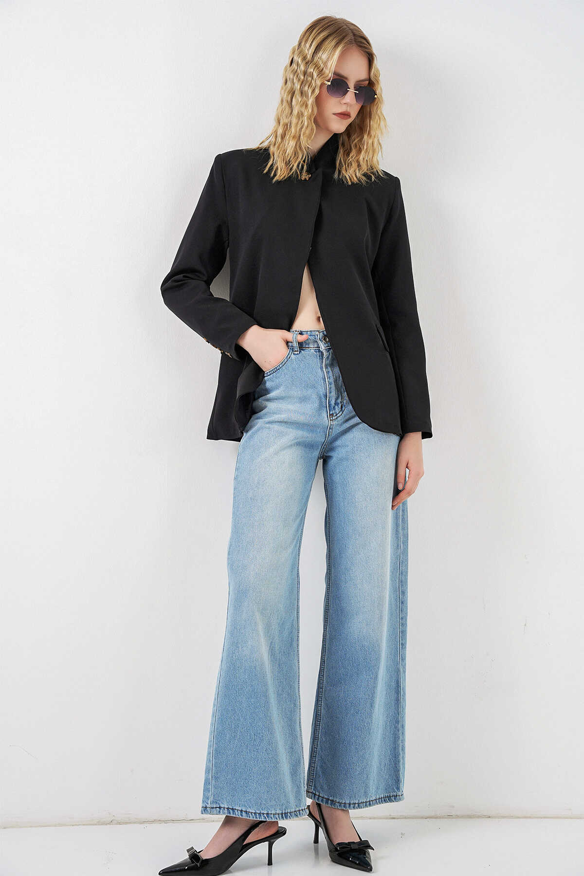 Kadın Tek Düğmeli Oversize Blazer Ceket 0749 - Siyah - 2