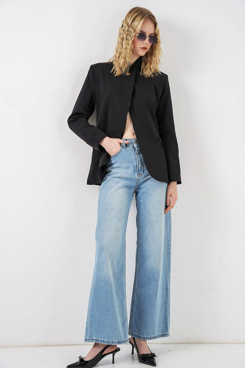 Kadın Tek Düğmeli Oversize Blazer Ceket 0749 - Siyah (1)