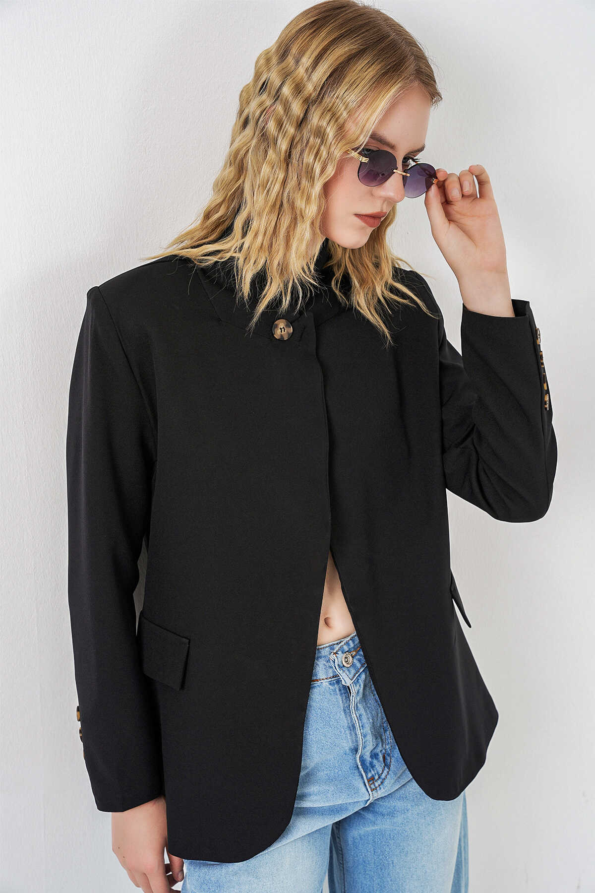 Kadın Tek Düğmeli Oversize Blazer Ceket 0749 - Siyah - 3