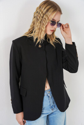 Kadın Tek Düğmeli Oversize Blazer Ceket 0749 - Siyah - 3