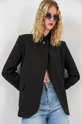 Kadın Tek Düğmeli Oversize Blazer Ceket 0749 - Siyah - 4