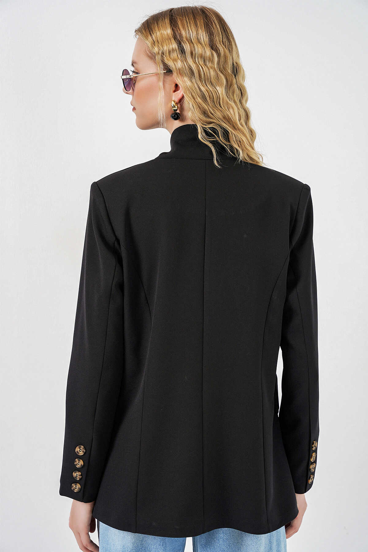 Kadın Tek Düğmeli Oversize Blazer Ceket 0749 - Siyah - 6