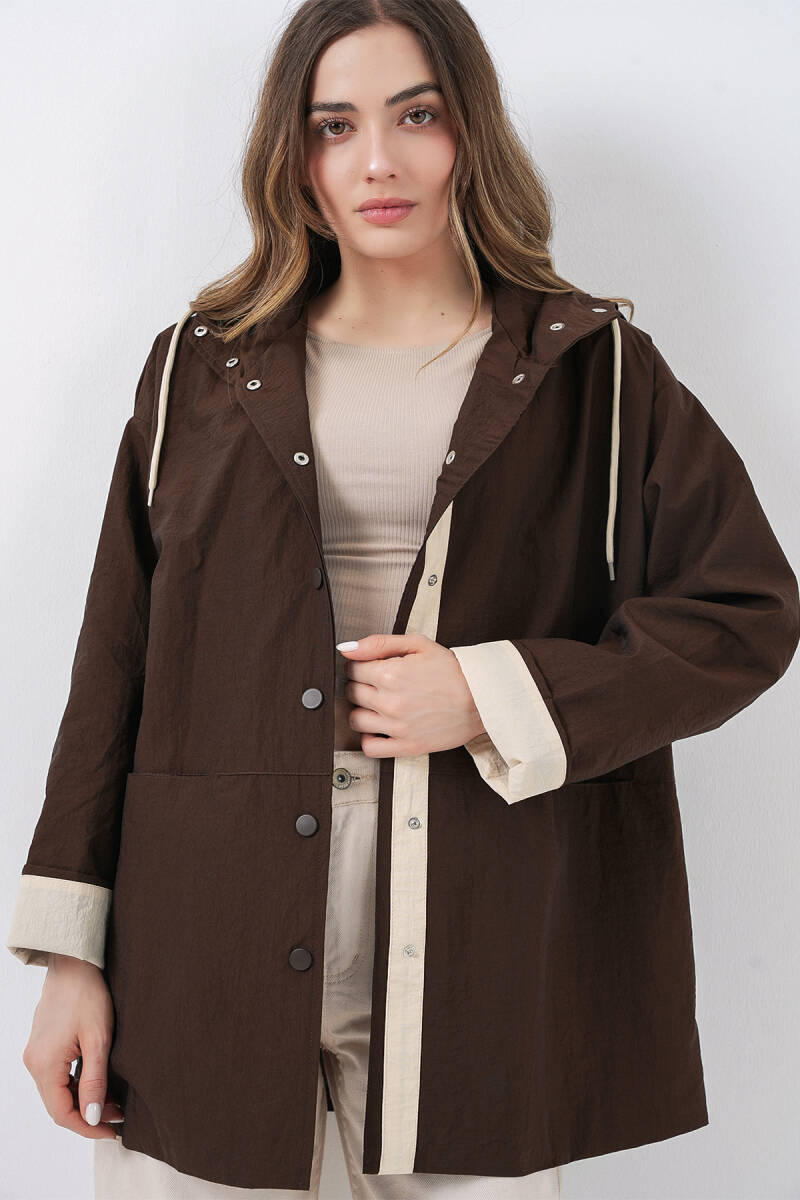 Kadın Teknik Kumaş Kapüşonlu Trençkot 5972 - Kahverengi - BİGDART