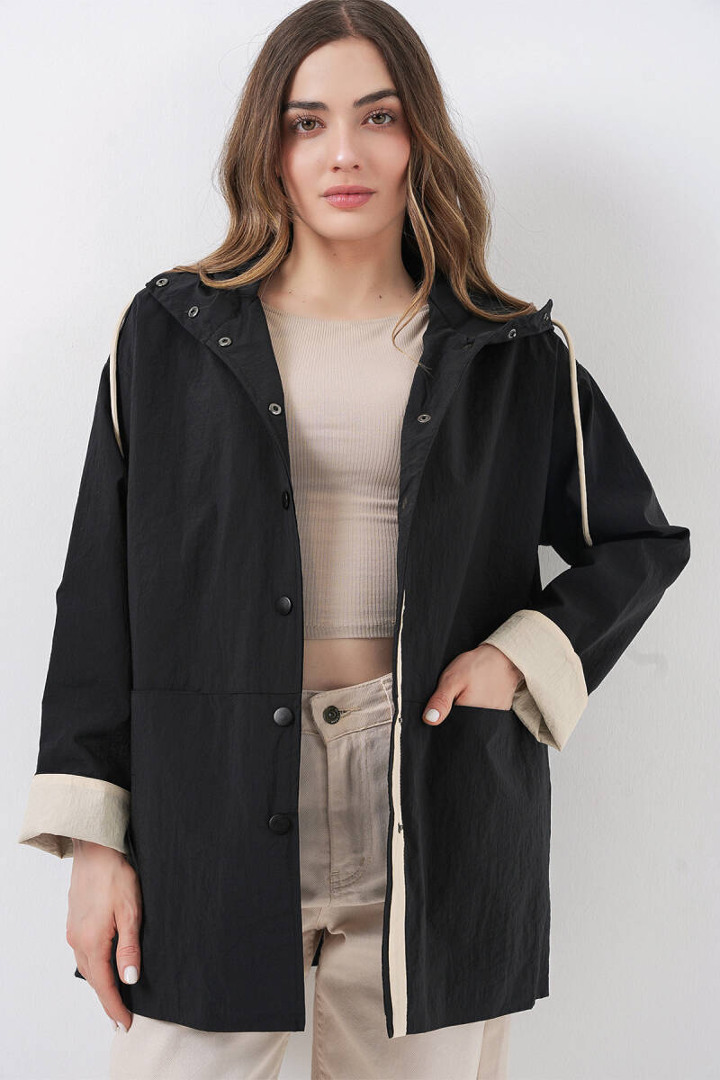 Kadın Teknik Kumaş Kapüşonlu Trençkot 5972 - Siyah - BİGDART