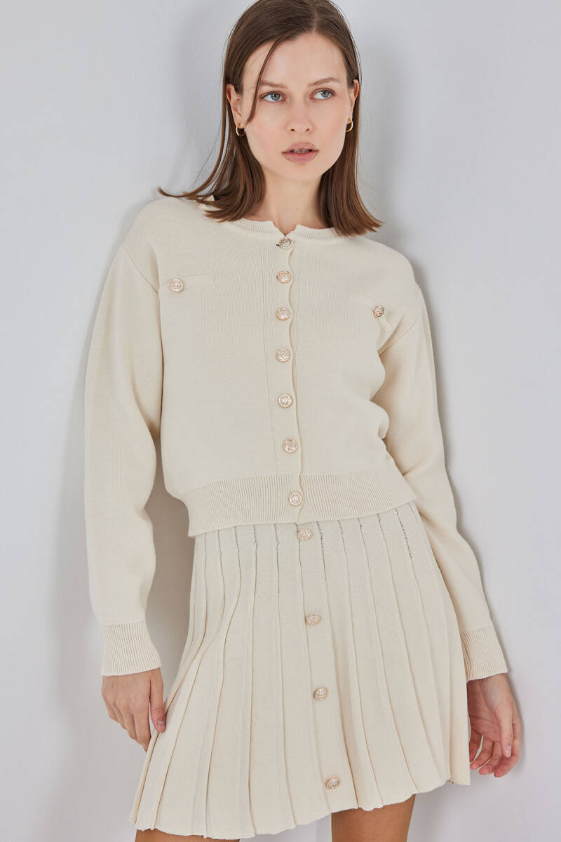 Kadın Triko Hırka Etek İkili Takım 15942 - Krem - BİGDART