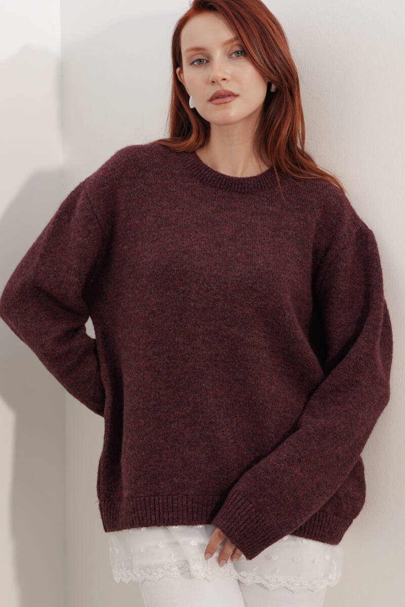 Kadın Tül Detaylı Oversize Triko Kazak 15968 - Bordo