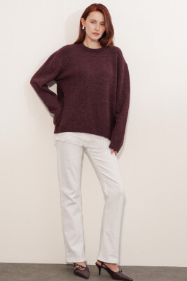Kadın Tül Detaylı Oversize Triko Kazak 15968 - Bordo - 2